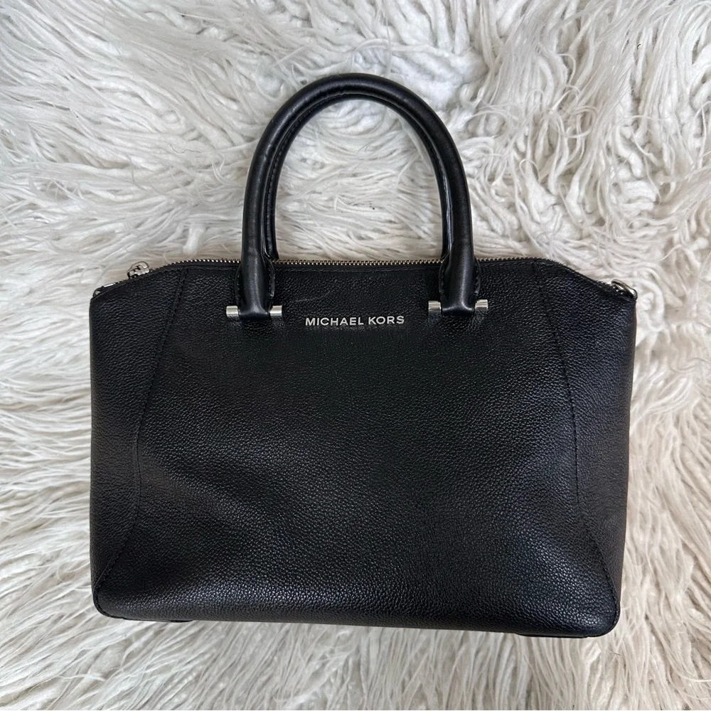 Michael Kors Black Pebble Leather Silver Hardware Top Handle Satchel Bag OS
